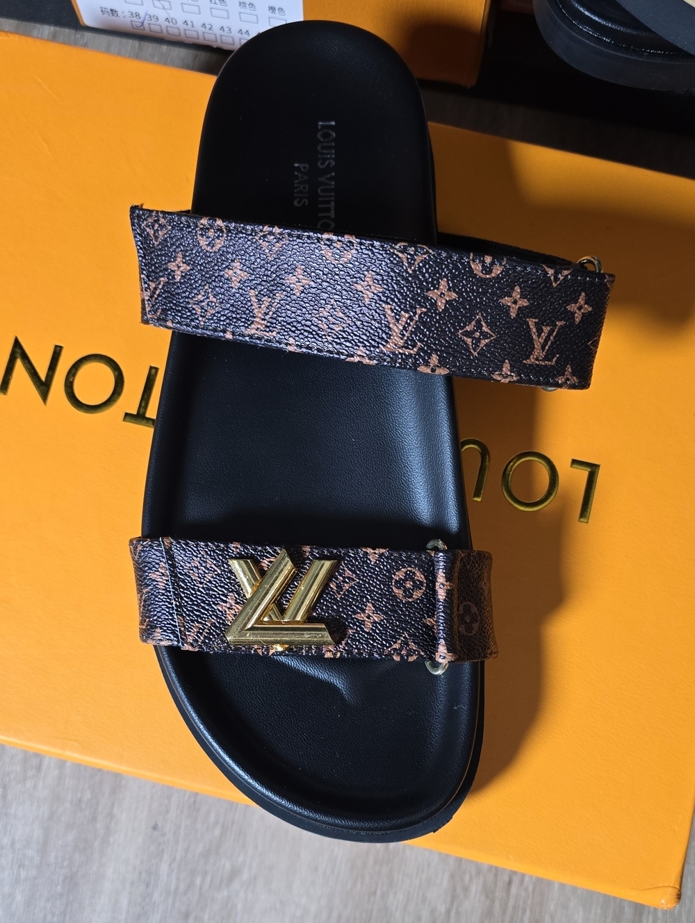 Louis Vuitton Brown Monogram Canvas Women's Slide Sandals with Gold LV Accent